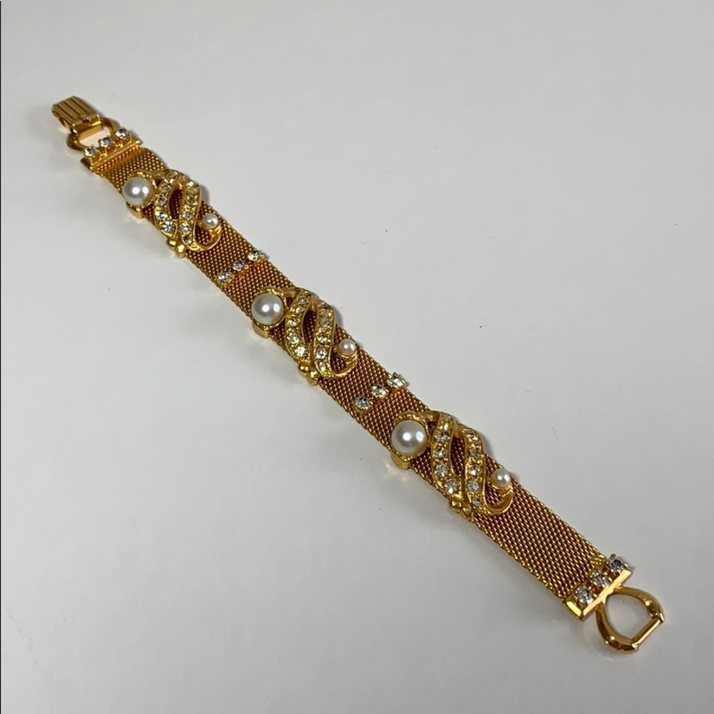 Mesh Bracelet VTG Gold Tone Faux Pearls Rhinestones 7” Cocktail Diamanté